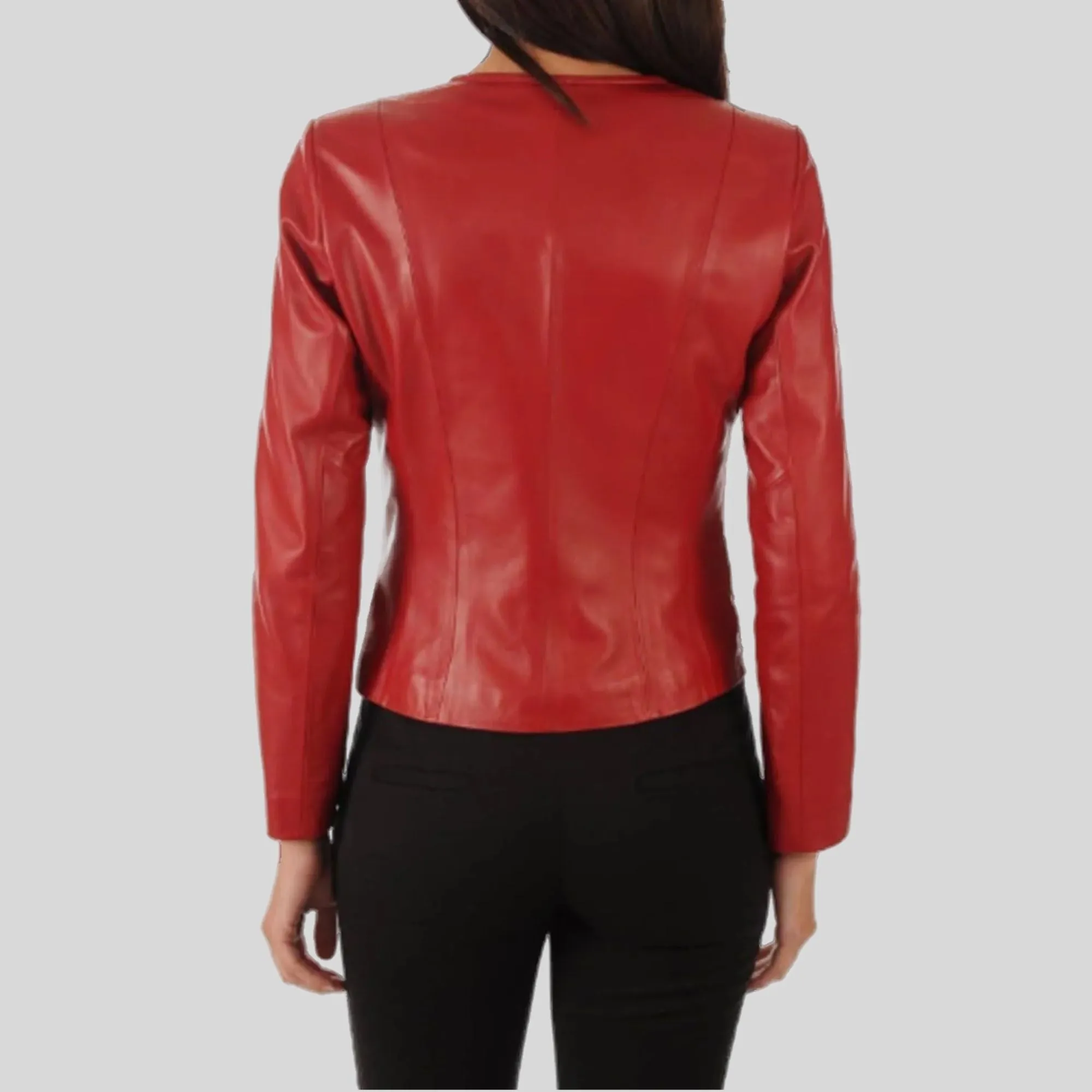 Women's Red Genuine Lambskin Cafe Racer Slim-Fit Leather Jacket